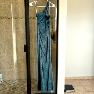 Lulus Magic at Midnight Shiny Slate Blue One Shoulder Maxi dress